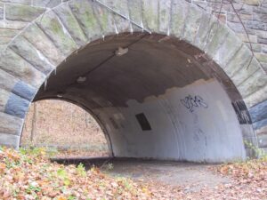 A tunnel with graffiti on it is shown.