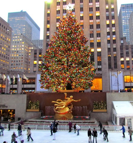 A large christmas tree in the middle of a city.