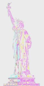 A statue of liberty is shown in pastel colors.