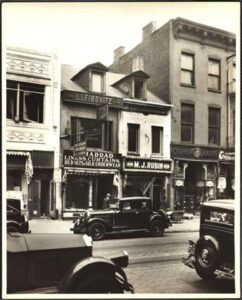 A black and white photo of an old town.