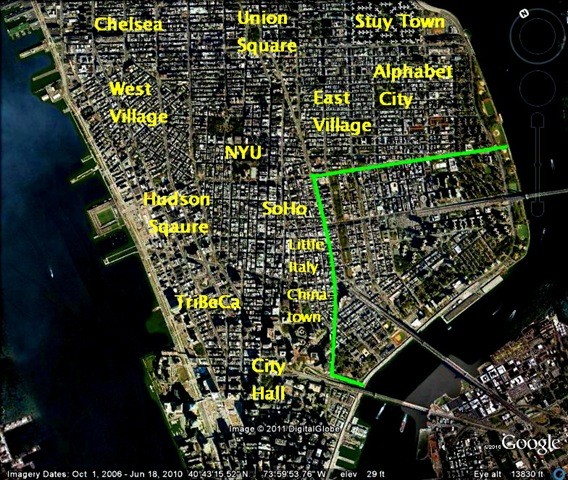 A map of the city with green lines showing where to go.